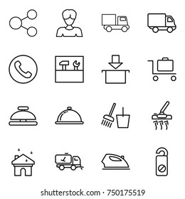 thin line icon set : share, woman, truck, delivery, phone, tools, package, baggage trolley, service bell, meal cap, bucket and broom, vacuum cleaner, house cleaning, home call, iron, do not distrub