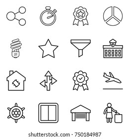 thin line icon set : share, stopwatch, medal, diagram, bulb, star, funnel, university, smart house, route, arrival, handwheel, power switch, garage, garbage bin