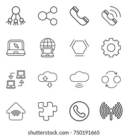 thin line icon set : share, phone, call, notebook, globe, hex molecule, gear, connect, cloude service, cloud wireless, quantum bond, home, puzzle