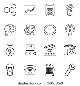 thin line icon set : share, statistics, calculator, bulb, brain, atom, smart bracelet, antenna, chemical, transporter tape, credit card, camera, phone, radiator, wrench
