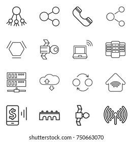 thin line icon set : share, phone, molecule, hex, satellite, notebook wireless, server, cloude service, quantum bond, home, mobile pay, bridge