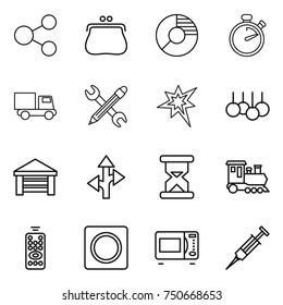 thin line icon set : share, purse, circle diagram, stopwatch, truck, pencil wrench, bang, sale, garage, route, sand clock, train, remote control, ring button, microwave oven, syringe