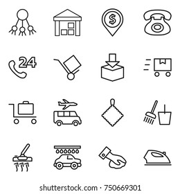 thin line icon set : share, warehouse, dollar pin, phone, 24, trolley, package, fast deliver, baggage, transfer, rag, bucket and broom, vacuum cleaner, car wash, wiping, iron