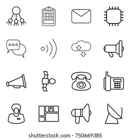 thin line icon set : share, clipboard, mail, chip, discussion, wireless, cloude service, megafon, loudspeaker, satellite, phone, support manager, consolidated cargo, antenna