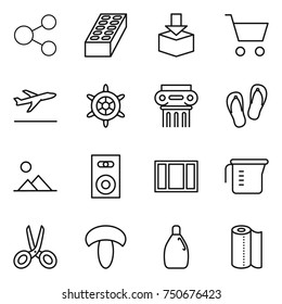 thin line icon set : share, brick, package, cart, departure, handwheel, antique column, flip flops, landscape, speaker, window, measuring cup, scissors, mushroom, cleanser, paper towel