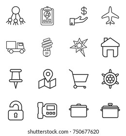 thin line icon set : share, report, investment, plane, truck, bulb, bang, home, pin, map, cart, handwheel, unlocked, intercome, pan