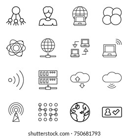 thin line icon set : share, woman, notebook globe, atom core, connect, wireless, server, cloude service, cloud, antenna, chip, check in