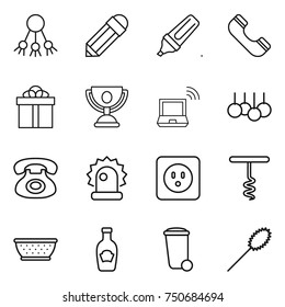 thin line icon set : share, pencil, marker, phone, gift, trophy, notebook wireless, sale, alarm, power socket, corkscrew, colander, ketchup, trash bin, duster
