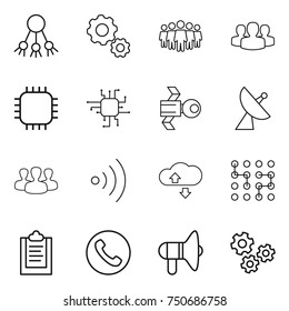 thin line icon set : share, gear, team, group, chip, satellite, antenna, wireless, cloude service, clipboard, phone, loudspeaker, gears