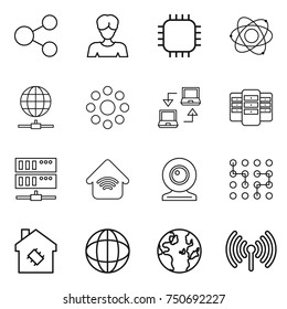 thin line icon set : share, woman, chip, atom, globe connect, round around, notebook, server, wireless home, web cam, smart house