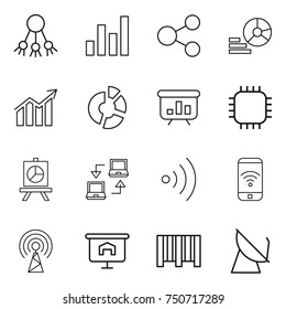 thin line icon set : share, graph, diagram, circle, presentation, chip, notebook connect, wireless, phone, antenna, bar code, satellite