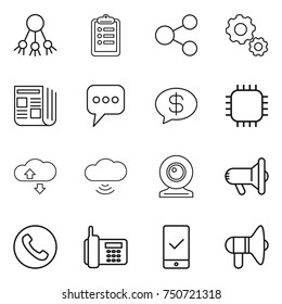 thin line icon set : share, clipboard, gear, newspaper, message, money, chip, cloude service, cloud wireless, web cam, megafon, phone, mobile checking, loudspeaker