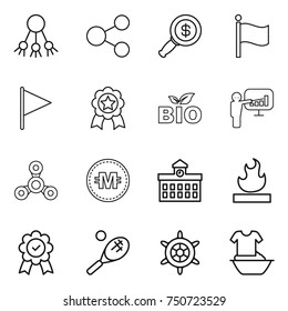 thin line icon set : share, dollar magnifier, flag, medal, bio, presentation, spinner, crypto currency, university, flammable, tennis, handwheel, handle washing