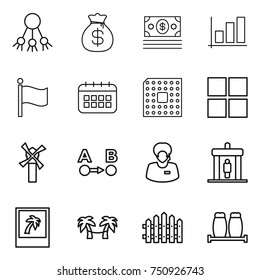 thin line icon set : share, money bag, graph, flag, calendar, cpu, window, windmill, route a to b, support manager, detector, photo, palm hammock, fence, salt pepper