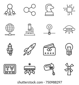 thin line icon set : share, chess horse, chip, globe connect, microscope, laser, ufo, spark plug, rocket, credit card, bulb, tv, air conditioning, mixer, windmill