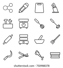 thin line icon set : share, pencil, cutting board, stands for knives, repair tools, kitchen scales, whisk, rolling pin, double boiler, mortar, fork, sickle, pruner, blower, sponge