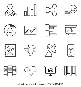 thin line icon set : share, graph, diagram, circle, statistics, presentation, annual report, chip, satellite antenna, phone wireless, server, cloude service, bar code