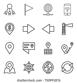 thin line icon set : share, flag, globe connect, phone wireless, dollar pin, right arrow, left, lighthouse, geo, location details, map, route, handwheel, compass, reload