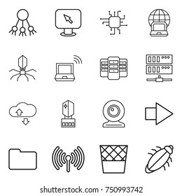 thin line icon set : share, monitor arrow, chip, notebook globe, virus, wireless, server, cloude service, crystall memory, web cam, right, documents, trash bin, bug