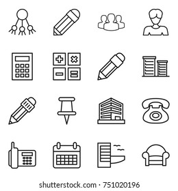 thin line icon set : share, pencil, group, woman, calculator, district, pin, office, phone, calendar, hotel, armchair