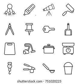 thin line icon set : share, marker, telescope, repair, drawing compasses, pin, key, scoop, cutting board, vacuum cleaner, pan, kitchen scales, handle, garlic clasp, ladle, bucket