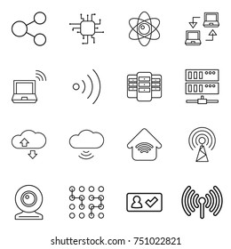 thin line icon set : share, chip, atom, notebook connect, wireless, server, cloud service, cloud, home, antenna, web cam, check in