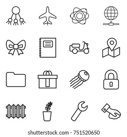 thin line icon set : share, plane, atom, globe connect, bow, copybook, scooter shipping, map, documents, hi quality package, jellyfish, locked, radiator, seedling, wrench, wiping