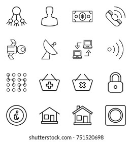 thin line icon set : share, man, money, call, satellite, antenna, notebook connect, wireless, chip, add to basket, delete cart, lock, info, home, ring button