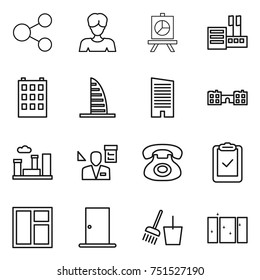 thin line icon set : share, woman, presentation, store, building, skyscraper, school, city, architector, phone, clipboard check, window, door, bucket and broom, clean