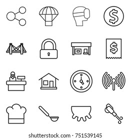 thin line icon set : share, parachute, virtual mask, dollar coin, bridge, lock, gas station, tax, reception, home, watch, wireless, cook hat, ladle, udder, blower