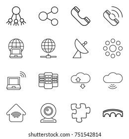 thin line icon set : share, phone, call, notebook globe, connect, satellite antenna, round around, wireless, server, cloude service, cloud, home, web cam, puzzle, bridge