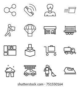 thin line icon set : share, call, woman, delivery, courier, parachute, gas station, truck shipping, consolidated cargo, package, baggage trolley, sweeper, house cleaning, car wash, brooming, iron