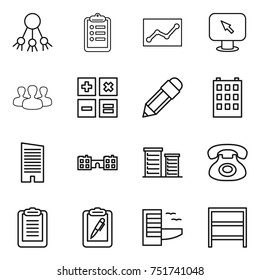 thin line icon set : share, clipboard, statistics, monitor arrow, group, calculator, pencil, building, skyscraper, school, district, phone, pen, hotel, rack