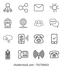 thin line icon set : share, mail, chip, notebook globe, connect, group, discussion, cloude service, mobile pay, phone, checking, remote control, intercome, wireless