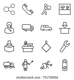 thin line icon set : share, phone, courier, tools, support manager, shipping, car, package, reception, rag, wrench, sweeper, woman with duster, vacuum cleaner, do not distrub