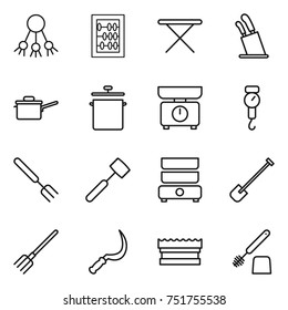 thin line icon set : share, abacus, iron board, stands for knives, saute pan, kitchen scales, handle, big fork, meat hammer, double boiler, shovel, sickle, sponge, toilet brush