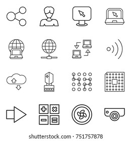 thin line icon set : share, woman, monitor arrow, notebook, globe, connect, wireless, cloude service, crystall memory, chip, cpu, right, calculator, cooler fan, surveillance camera