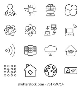thin line icon set : share, chip, notebook globe, atom core, connect, wireless, server, cloud, home, smart house, check in