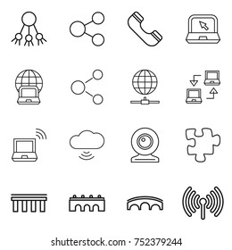 thin line icon set : share, phone, notebook, globe, molecule, connect, wireless, cloud, web cam, puzzle, bridge