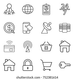thin line icon set : share, globe, report, 24 7, dollar arrow, touch, satellite antenna, server, tap to pay, delete cart, home, lock, key