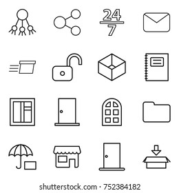 thin line icon set : share, 24 7, mail, delivery, unlock, box, copybook, window, door, arch, documents, insurance, shop, package