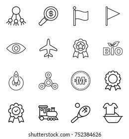 thin line icon set : share, dollar magnifier, flag, eye, plane, medal, bio, rocket, spinner, crypto currency, train, tennis, handle washing