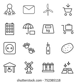 thin line icon set : share, mail, windmill, add to cart, building, insurance, heavy, baggage trolley, power socket, pets, vegetable oil, potato, warehouse, grain elevator, clean floor