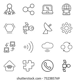 thin line icon set : share, notebook, globe, hex molecule, satellite, antenna, round around, connect, wireless, cloud, quantum bond, home, puzzle, phone