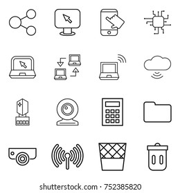 thin line icon set : share, monitor arrow, touch, chip, notebook, connect, wireless, cloud, crystall memory, web cam, calculator, documents, surveillance camera, trash bin
