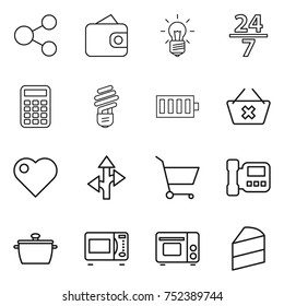 thin line icon set : share, wallet, bulb, 24 7, calculator, battery, delete cart, heart, route, intercome, pan, microwave oven, grill, cake