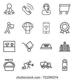 thin line icon set : share, call, center, delivery, courier, parachute, phone wireless, medal, tools, trolley, taxi, hotel, washing powder, vacuum cleaner, home cleaning, do not distrub
