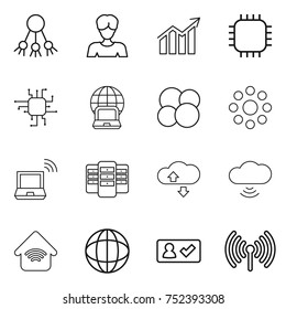 thin line icon set : share, woman, diagram, chip, notebook globe, atom core, round around, wireless, server, cloude service, cloud, home, check in - Shutterstock ID 752393308