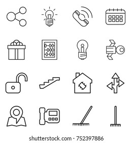 thin line icon set : share, bulb, call, calendar, gift, abacus, satellite, unlock, stairs, smart house, route, map, intercome, rake