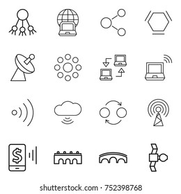 thin line icon set : share, notebook globe, molecule, hex, satellite antenna, round around, connect, wireless, cloud, quantum bond, mobile pay, bridge